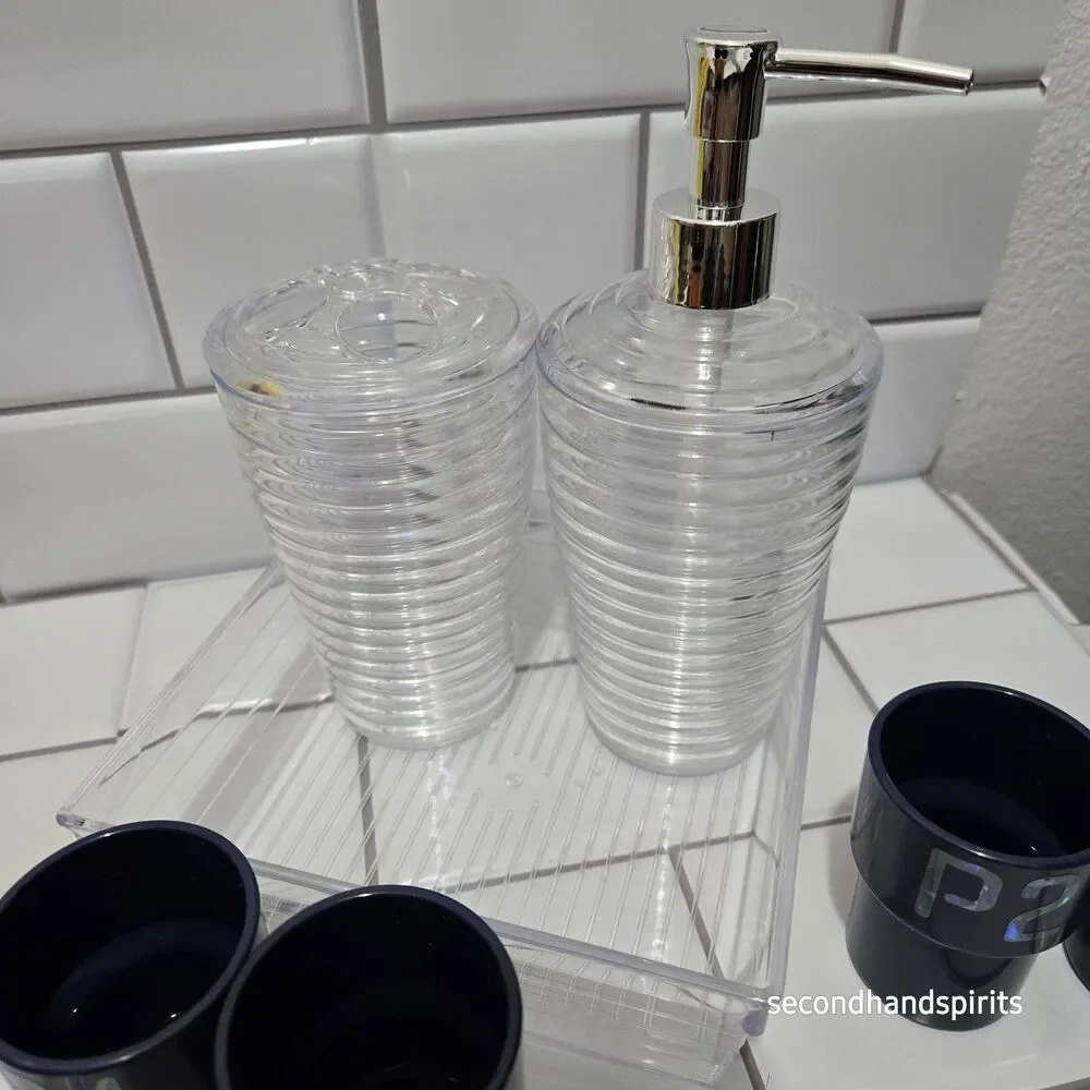 Bathroom Set Family Rinse Cups – Gender Neutral Labels P1 P2 S1 S2, Navy Blue